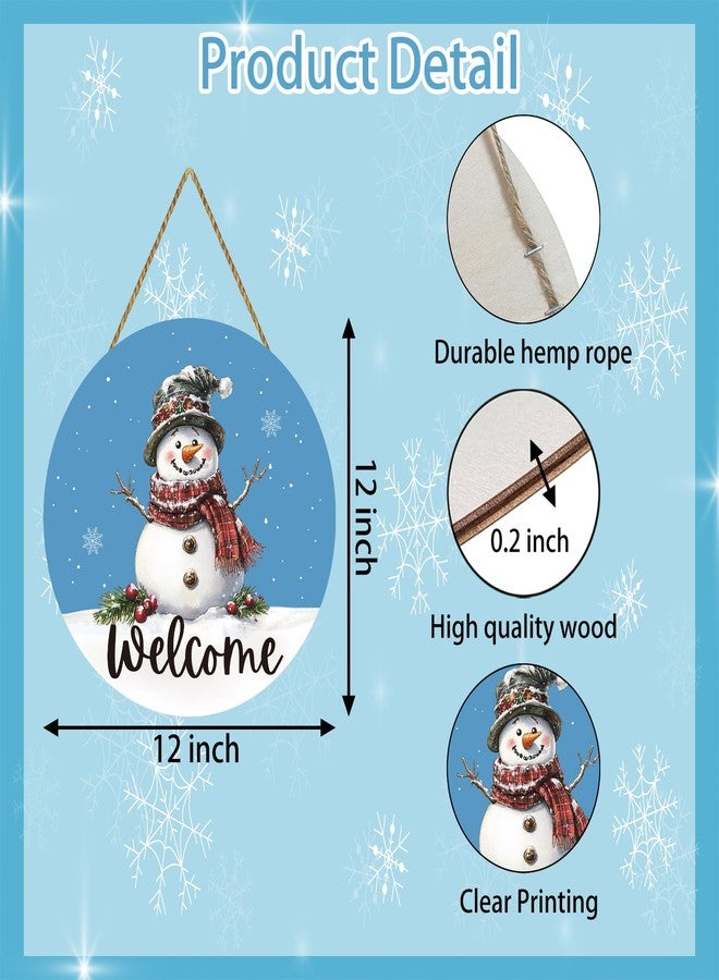 YUNKKIN Snowman Decor Winter Decor Blue Snowman Winter Door Decorations Winter Wreath Snowman Wreath Winter Welcome Sign Wooden Winter Door Hanger for Front Door Wall Indoor Home Decor - Image 2
