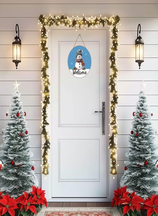 YUNKKIN Snowman Decor Winter Decor Blue Snowman Winter Door Decorations Winter Wreath Snowman Wreath Winter Welcome Sign Wooden Winter Door Hanger for Front Door Wall Indoor Home Decor - Image 3