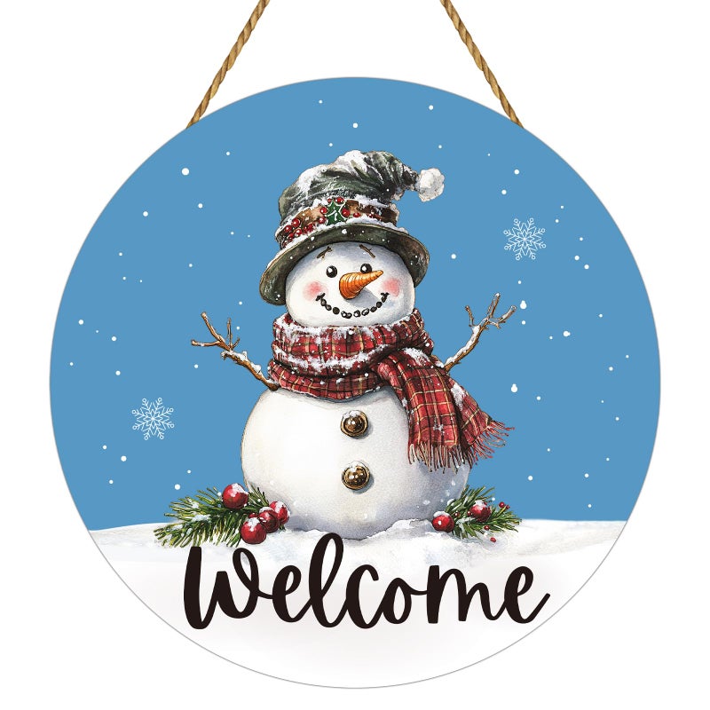 YUNKKIN Snowman Decor Winter Decor Blue Snowman Winter Door Decorations Winter Wreath Snowman Wreath Winter Welcome Sign Wooden Winter Door Hanger for Front Door Wall Indoor Home Decor - Image 1