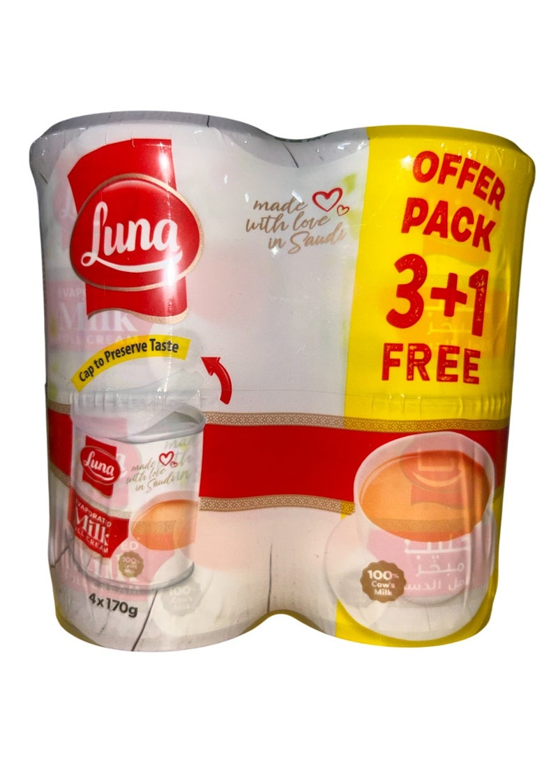 Luna حليب مبخر كامل الدسم لونا، 170غ × 3+1