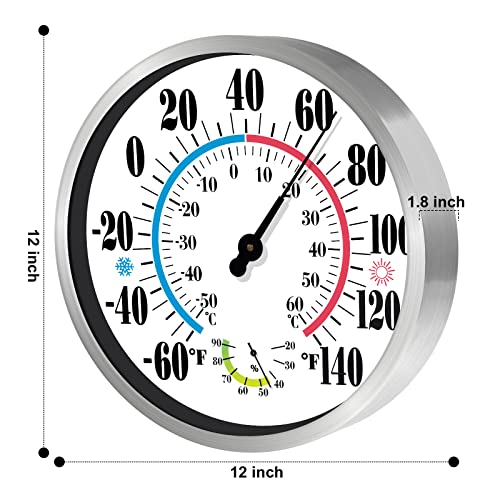 CHIVENIDO 12" Outdoor Thermometer Large Numbers - Decorative Outdoor Thermometers for Patio, Wall Thermometer Hygrometer with Stainless Steel Enclosure, Battery Free Indoor Outdoor Thermometer Hanging - Image 5