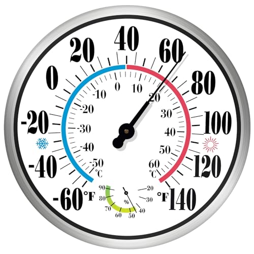 CHIVENIDO 12" Outdoor Thermometer Large Numbers - Decorative Outdoor Thermometers for Patio, Wall Thermometer Hygrometer with Stainless Steel Enclosure, Battery Free Indoor Outdoor Thermometer Hanging - Image 1