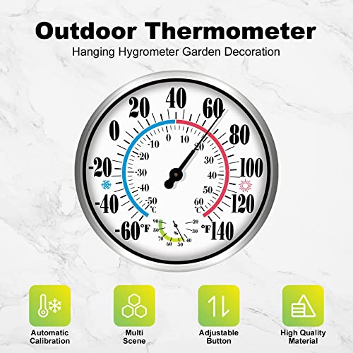 CHIVENIDO 12" Outdoor Thermometer Large Numbers - Decorative Outdoor Thermometers for Patio, Wall Thermometer Hygrometer with Stainless Steel Enclosure, Battery Free Indoor Outdoor Thermometer Hanging - Image 3