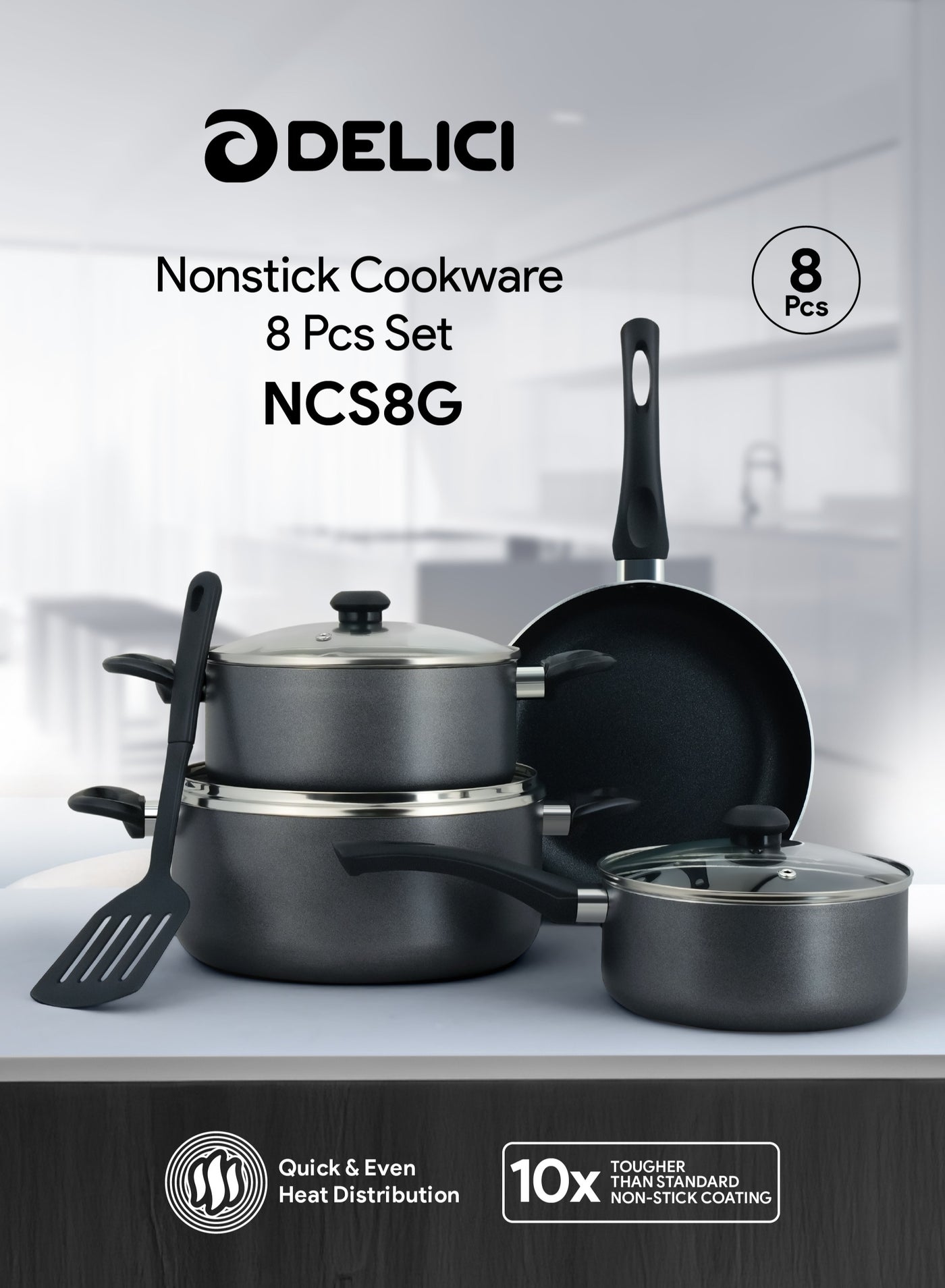 8 Pcs Nonstick Cookware Set (NCS8G) | 10X Tougher Non-Stick | Healthy PFOA-Free Interior | Heat Resistant | Tempered Glass Lids | Eco-Friendly | Gas, Electric, Ceramic, Induction Compatible | 24 cm Casserole, 20 cm Casserole, 24 cm Frypan, 16 cm Milkpan, Nylon Spatula, Dishwasher Safe - Casseroles, Frypan, Milkpan, and Nylon Spatula with Glass Lids - Kitchen Cookware Collection