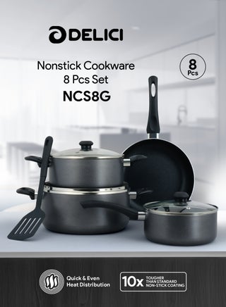 Nonstick Cookware Set 8 Pcs (NCS8G) | 10X Tougher Non-Stick | Healthy PFOA-Free Interior | Heat Resistant | Tempered Glass Lids | Eco-Friendly | Multiple Cooktop Compatible | Dishwasher Safe - Casseroles, Frypan, Milkpan, and Nylon Spatula with Glass Lids - Kitchen Cookware Collection - pzsku/Z54BB04C9A81D931D16A2Z/45/1751537800/5b93f806-5800-454e-b95b-d741b0080cd4