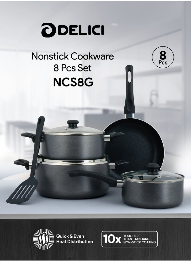 DELICI Nonstick Cookware Set 8 Pcs (NCS8G) | 10X Tougher Non-Stick | Healthy PFOA-Free Interior | Heat Resistant | Tempered Glass Lids | Eco-Friendly | Multiple Cooktop Compatible | Dishwasher Safe - Casseroles, Frypan, Milkpan, and Nylon Spatula with Glass Lids - Kitchen Cookware Collection  - Image 2