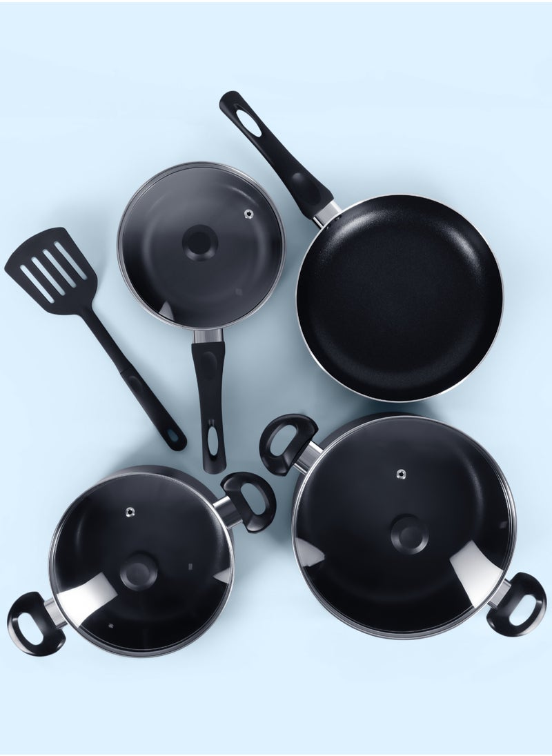 DELICI Nonstick Cookware Set 8 Pcs (NCS8G) | 10X Tougher Non-Stick | Healthy PFOA-Free Interior | Heat Resistant | Tempered Glass Lids | Eco-Friendly | Multiple Cooktop Compatible | Dishwasher Safe - Casseroles, Frypan, Milkpan, and Nylon Spatula with Glass Lids - Kitchen Cookware Collection  - Image 4