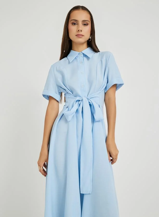 Take Two Take Two Solid Spread Collar Waist Tie Maxi Dress