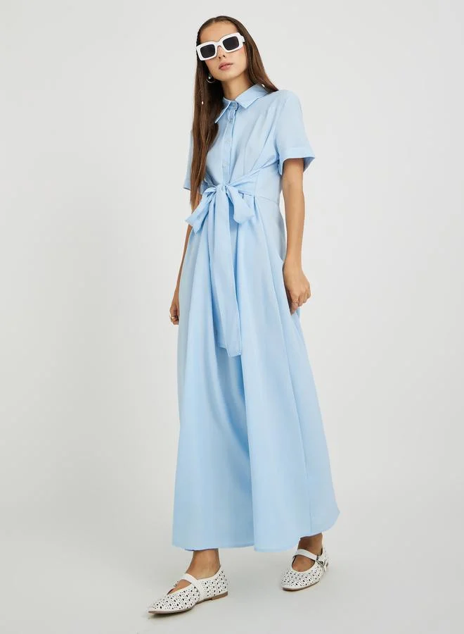 Take Two Take Two Solid Spread Collar Waist Tie Maxi Dress