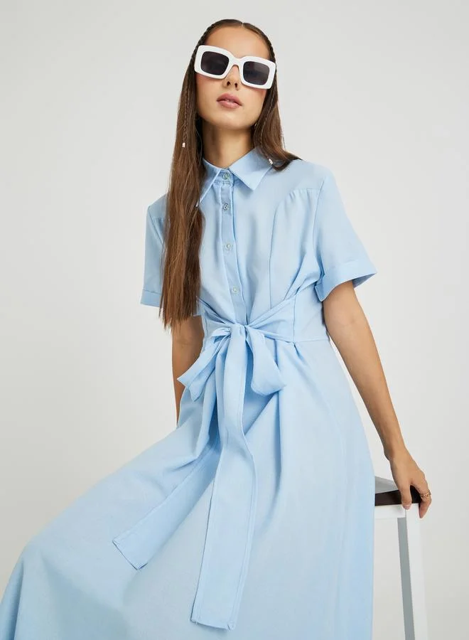 Take Two Take Two Solid Spread Collar Waist Tie Maxi Dress