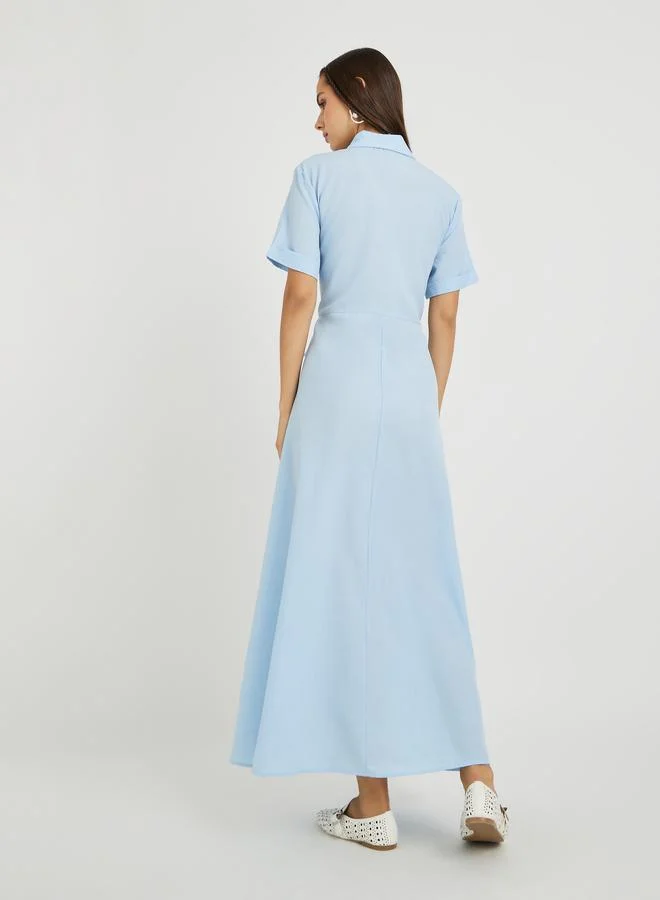 Take Two Take Two Solid Spread Collar Waist Tie Maxi Dress