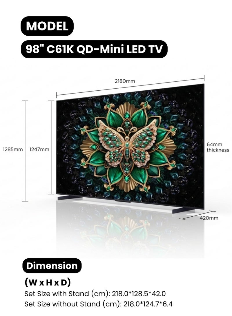 TCL 98-inch C61K Premium QD-Mini LED 4K Smart TV (2026 Model - UAE Version) 98C61K Google TV With AiPQ Pro Processor, Matte HVA Panel, ONKYO 2.1 Hi-Fi System, 144Hz - TCL 98" 4K QD-Mini LED Smart TV 98C61K Black - Image 2