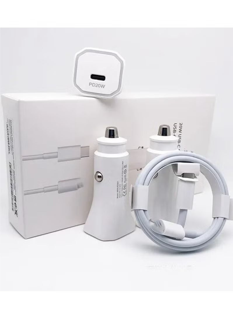 20W USB-C Car Charger with USB-C to Lightning Cable, Fast PD Car Adapter for iPhone 15/14/13/12/11/X/8/7/6/SE, iPad & AirPods, Single Port 20W, White