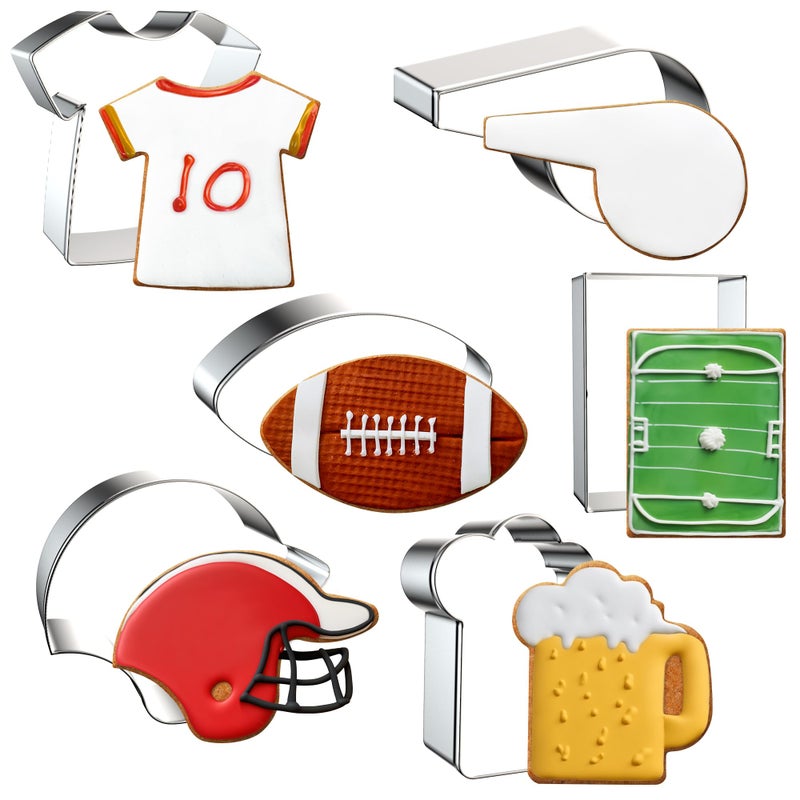 FUSOTO 6PCS Football Cookie Cutters Set, 3 Inches Cookie Cutter Football Shapes for Baking-Football, Jersey, Whistle, Helmet, Beer Mug, Ball Park Cookie Cutters for Homemaking - Image 1