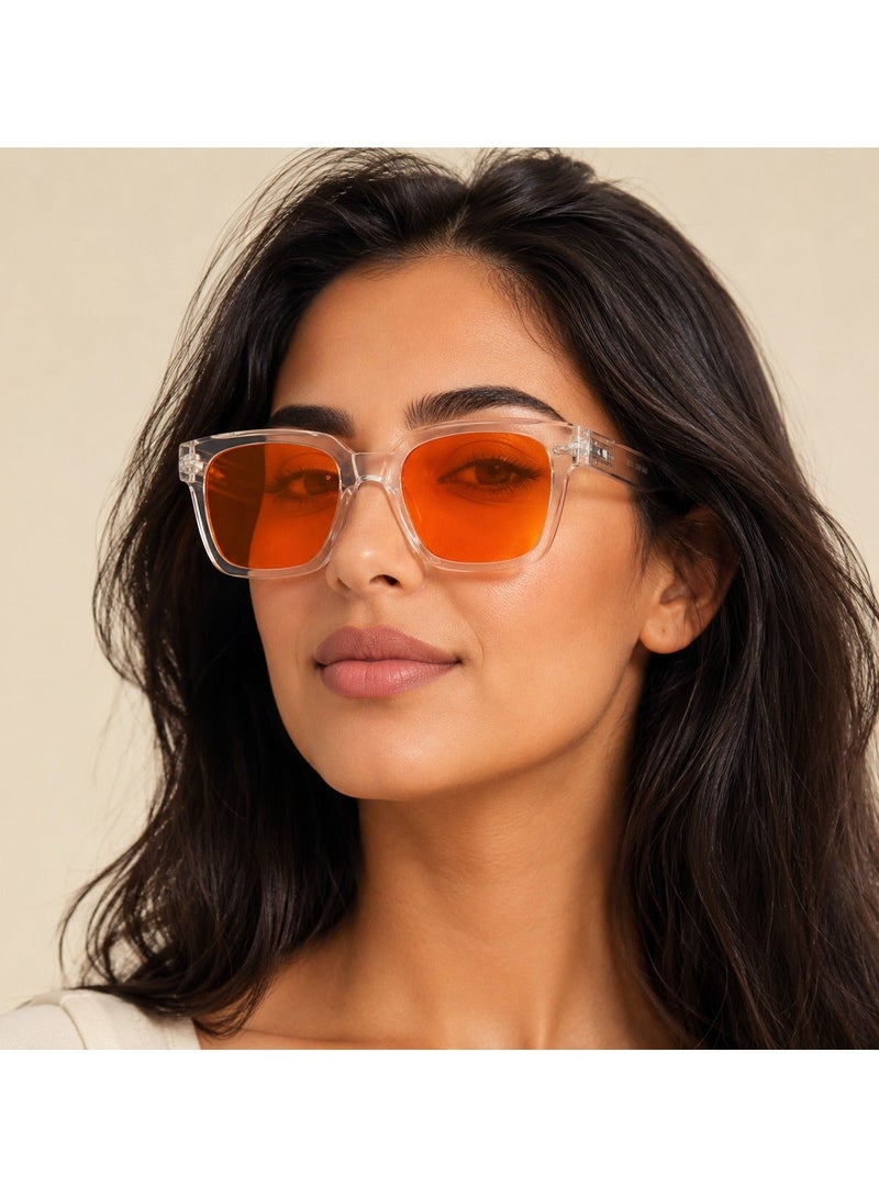 OPULIZE ERA Sunglasses for Women Men, Oversized Rectangular Frame with Spring Hinges, Polarised Orange Tinted Lens With UV400 Protection,Anti-reflective & Anti-Glare, Clear (Pack of 1) - Image 1