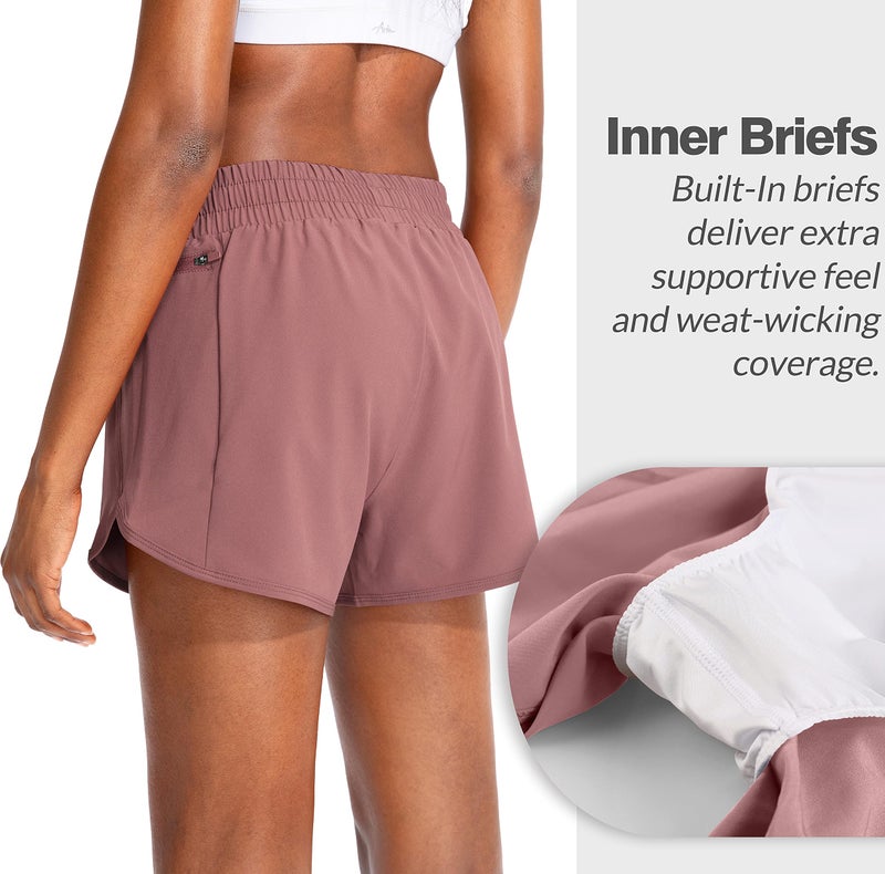 Soothfeel Womens Running Shorts with Zipper Pockets High Waisted Athletic Gym Workout Shorts for Women with Liner Old Rose - Image 3