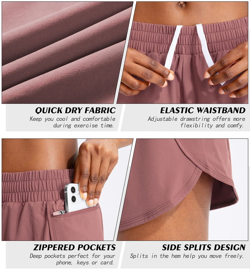 Soothfeel Womens Running Shorts with Zipper Pockets High Waisted Athletic Gym Workout Shorts for Women with Liner Old Rose - Image 4