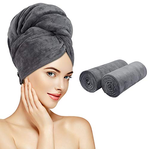 SUNLAND Microfiber Hair Towels Anti Frizz Hair Drying Towel Super Absorbent Fast Drying Turbans for Wet Curly Hair Soft Hair Towel Wrap with Elastic Band for All Hair Types 40 X 20 inches 2Pack Grey - Image 1