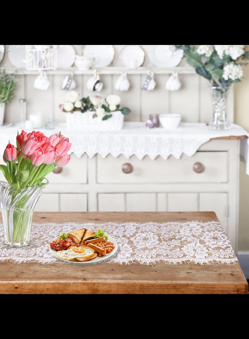 4 Pcs White Lace Table Runners 35 x 300 cm for Wedding Bridal Shower Baby Shower Party Table Decoration, Rustic Rose Embroidered Boho Table Runner - Image 5
