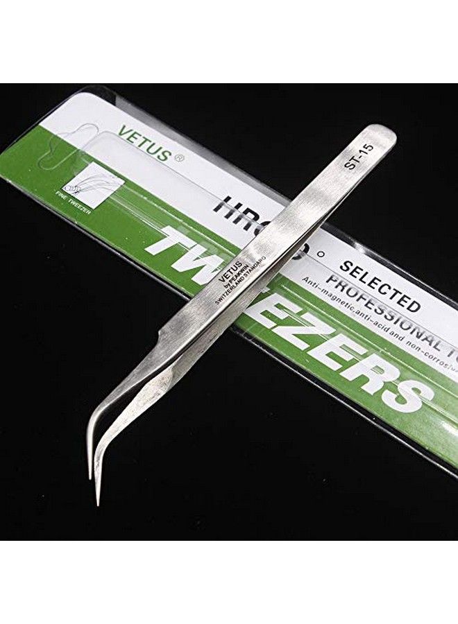 Vetus Tweezer Tool St15 Nonmagnetic Stainless Steel Curved Slant Tip Eyelash Eyebrow - Image 3