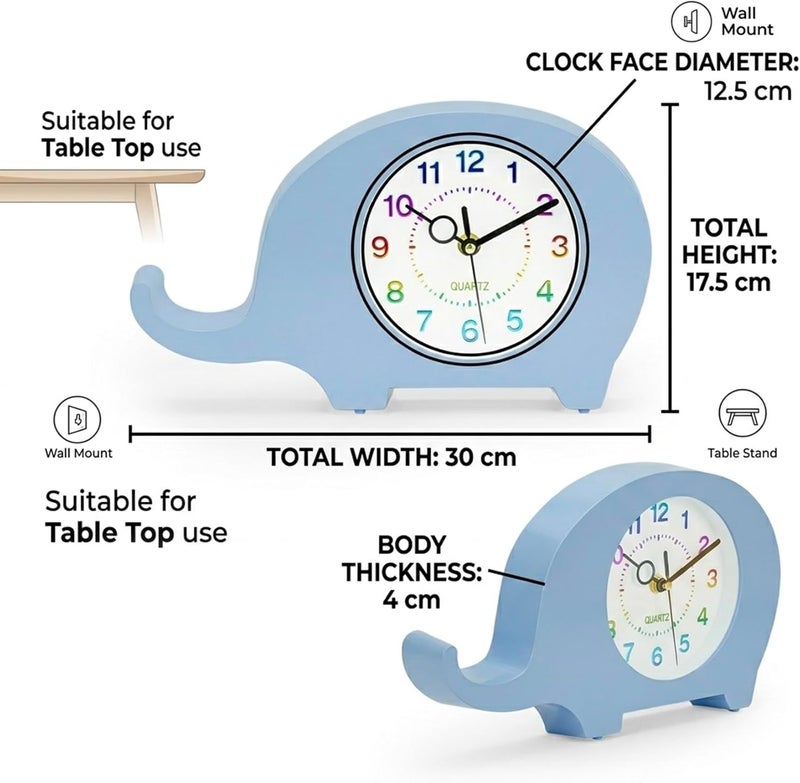 Cuisine Art Elephant Wall & Table Clock – Silent Non-Ticking Sweep Movement – 3D Character Design for Kids & Nursery – Standing or Hanging Decorative Clock-Blue - Image 3
