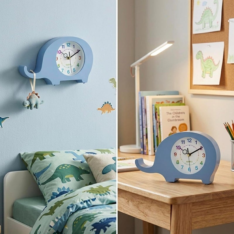 Cuisine Art Elephant Wall & Table Clock – Silent Non-Ticking Sweep Movement – 3D Character Design for Kids & Nursery – Standing or Hanging Decorative Clock-Blue - Image 5