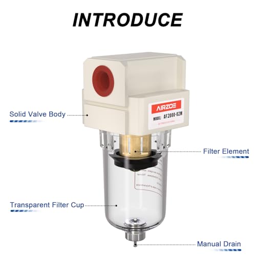 AIRZOE 1/4" NPT Air Dryer for Compressor - Air Compressor Water Separator AF2000-02, Manual Drain,5 Micron Brass Element, Poly Bowl - Image 3