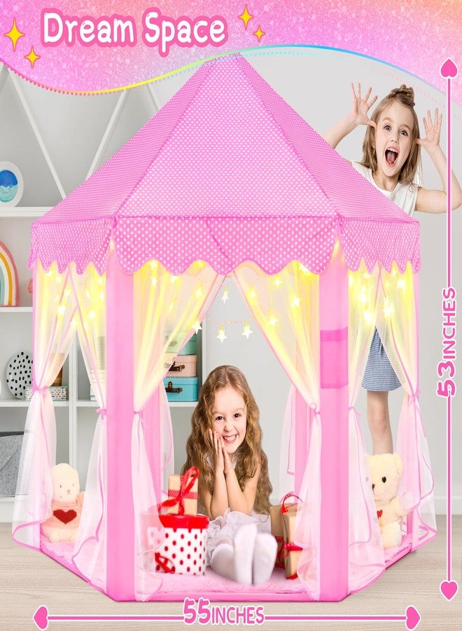 EVOIONOS Princess Tent for Girls, Kids Play Tent with LED Star Lights, Castle Playhouse for Children Indoor Outdoor Games, 55X53 inches, Pink - Image 5