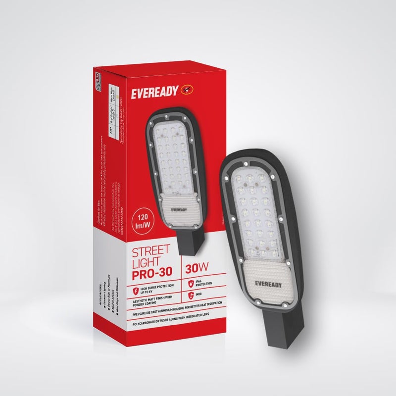EVEREADY LED Street Light Pro-30 | High Surge Protection up to 6kV | 120 lm/W | IP66 & IK05 | Matte Finish | Aluminum Housing | Polycarbonate Diffuser | Outdoor Purpose | Pack of 1 - Image 2