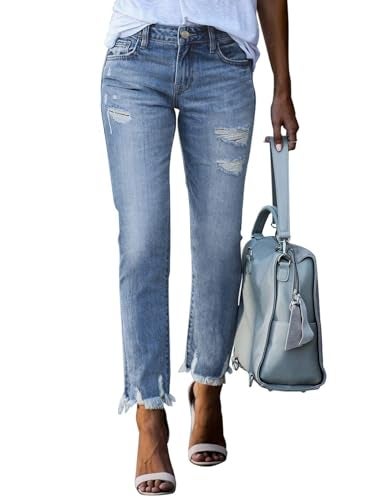 EVALESS Womens Jeans Stretchy High Waisted Pull On Ripped Distressed Jean Tummy Control Straight Ankle Denim Pants Sky Blue Size 14 - Image 1