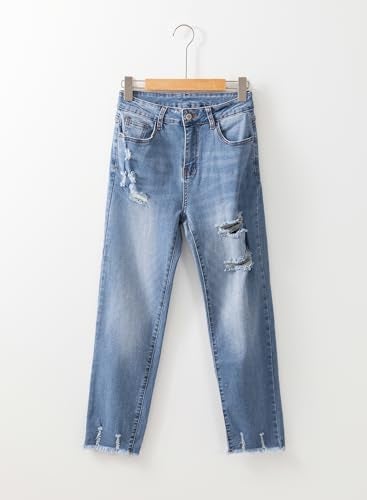 EVALESS Womens Jeans Stretchy High Waisted Pull On Ripped Distressed Jean Tummy Control Straight Ankle Denim Pants Sky Blue Size 14 - Image 5