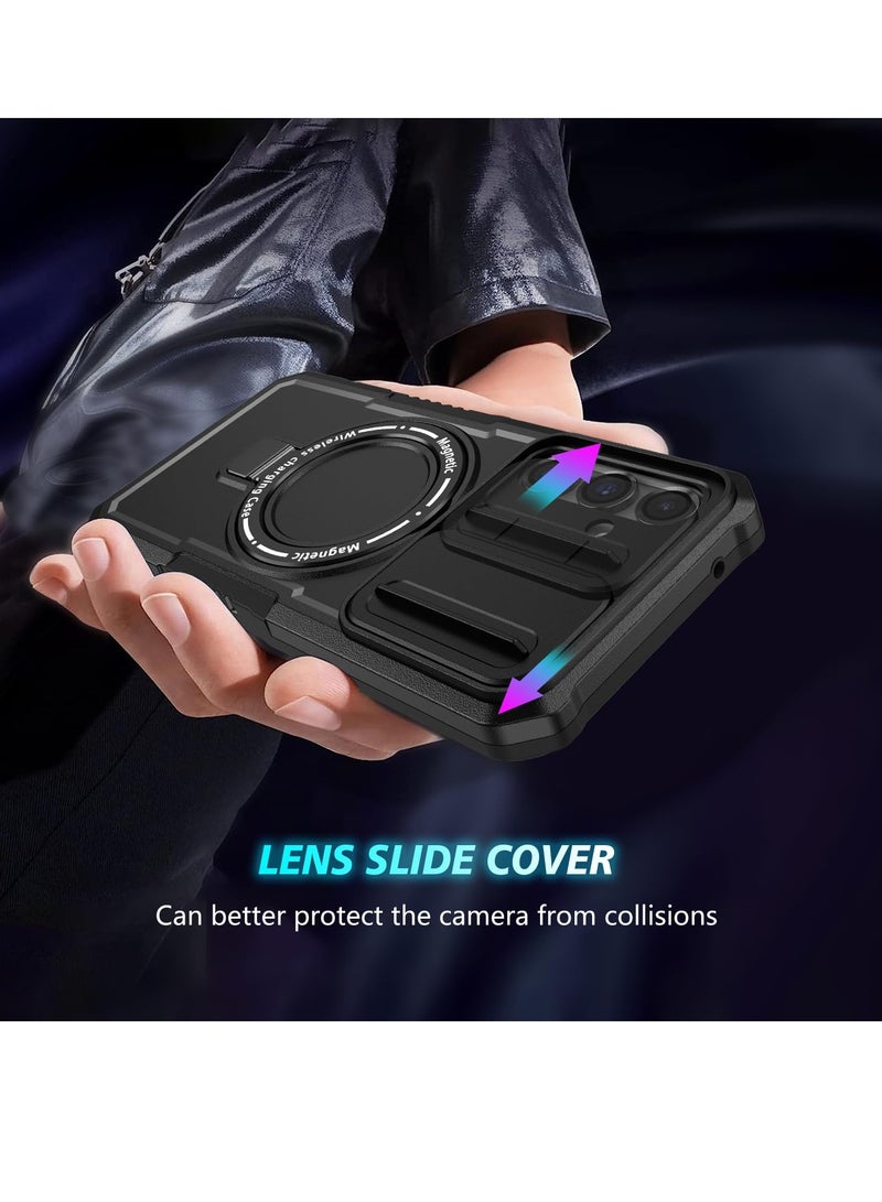 SYOSI Case for Magnetic Multifunctional Phone for Samsung Galaxy S23 FE with 180° Rotate Ring Holder Shockproof Cover with Invisible Bracket and Lens Protection Support Wireless Charging Black - Image 4
