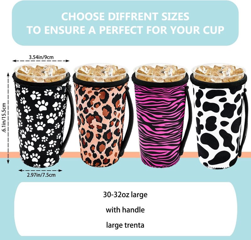 4 Pack Iced Coffee Sleeve,reusable Neoprene Cup Sleeves Suitable For Beverage Sleeves For Hot And Cold Coffee Or Ice Drink Coffee cup sleeve for Starbucks coffee cup (animal patterns 30-32 OZ) - Image 2