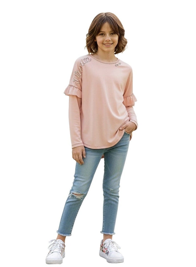 WiNi BEE Girls Oversized Long Sleeve T-Shirt with Dream Embroidery on Shoulder, Soft Cotton Casual Top, Y2K Style Graphic Tee, Gifts for Girls - Image 2