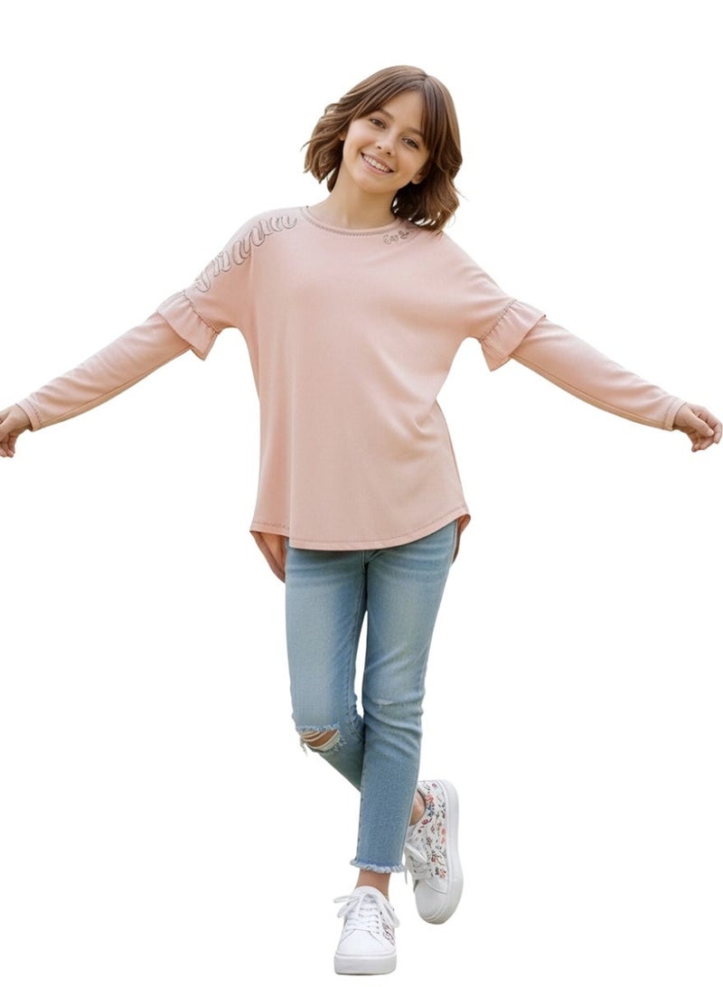 WiNi BEE Girls Oversized Long Sleeve T-Shirt with Dream Embroidery on Shoulder, Soft Cotton Casual Top, Y2K Style Graphic Tee, Gifts for Girls - Image 5