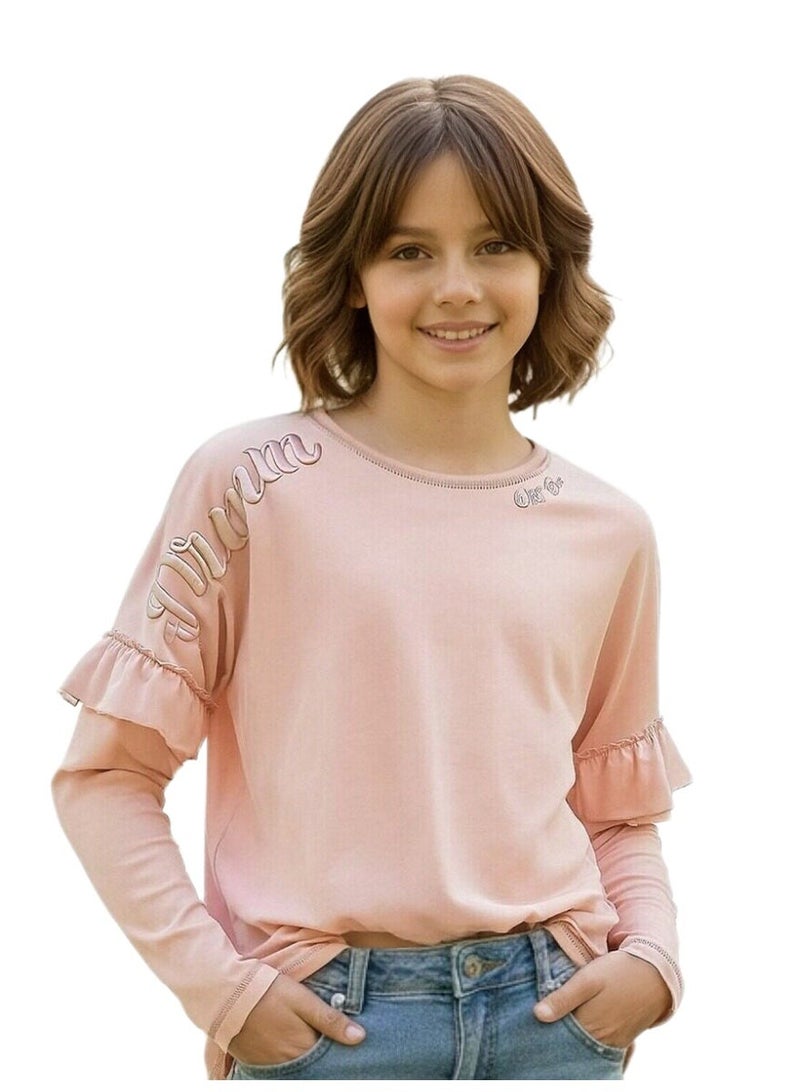 WiNi BEE Girls Oversized Long Sleeve T-Shirt with Dream Embroidery on Shoulder, Soft Cotton Casual Top, Y2K Style Graphic Tee, Gifts for Girls - Image 1