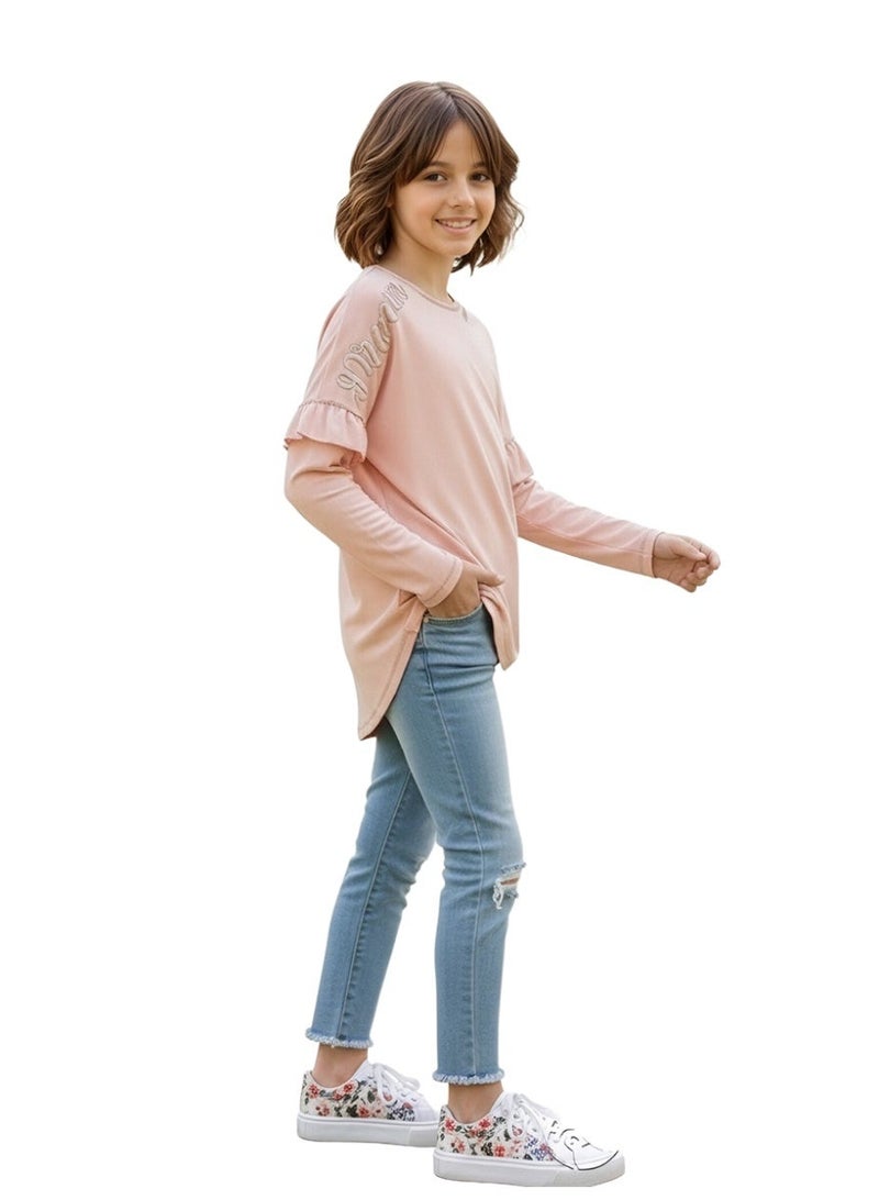 WiNi BEE Girls Oversized Long Sleeve T-Shirt with Dream Embroidery on Shoulder, Soft Cotton Casual Top, Y2K Style Graphic Tee, Gifts for Girls - Image 4