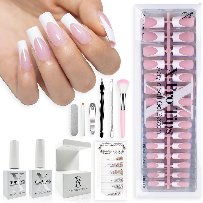SXC Cosmetics French Tip Press On Nails Pink Series, Medium Square X-Pro Tips Starter Kit - Image 1