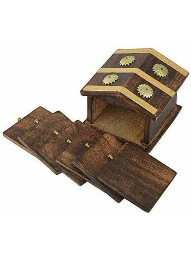 Diana Creations Diana Creations Rajasthani Wooden Antique Beautiful Miniature Hut Design Tea Coffee Coaster Set - Image 3