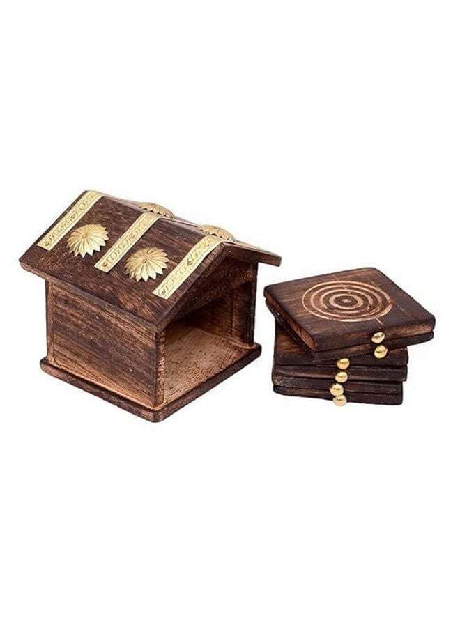 Diana Creations Diana Creations Rajasthani Wooden Antique Beautiful Miniature Hut Design Tea Coffee Coaster Set - Image 4