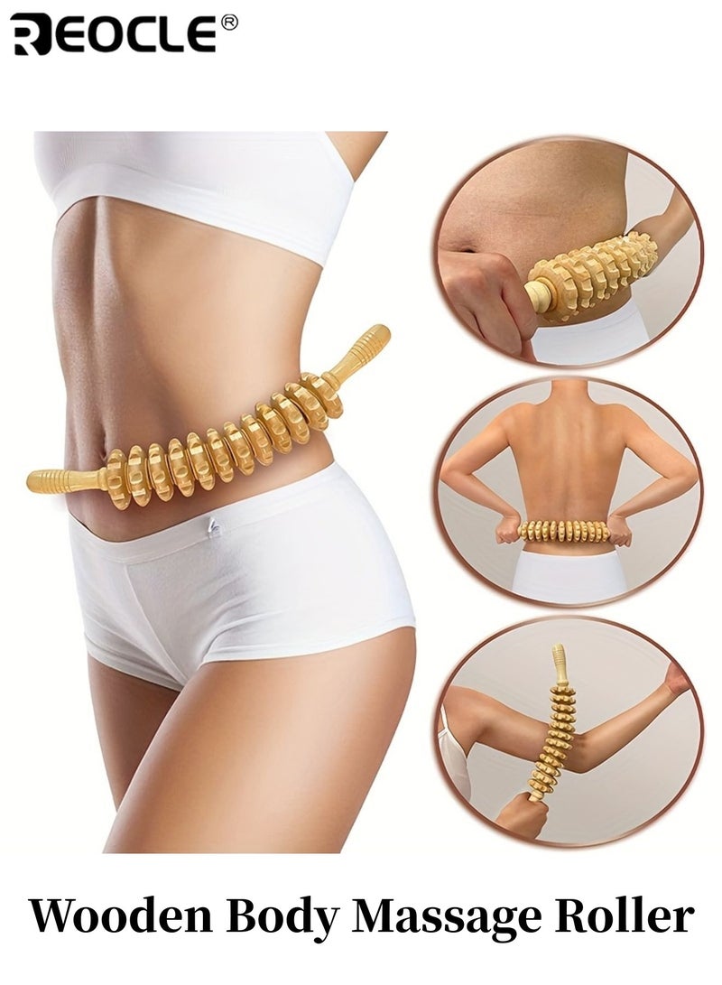 REOCLE Wooden Body Massage Roller Handheld Roller 12 Rollers to Relax Muscle Tension Anti Slip Handle and Groove Gear Massage Tool for Arms Legs Thighs Buttocks and Back - Image 1