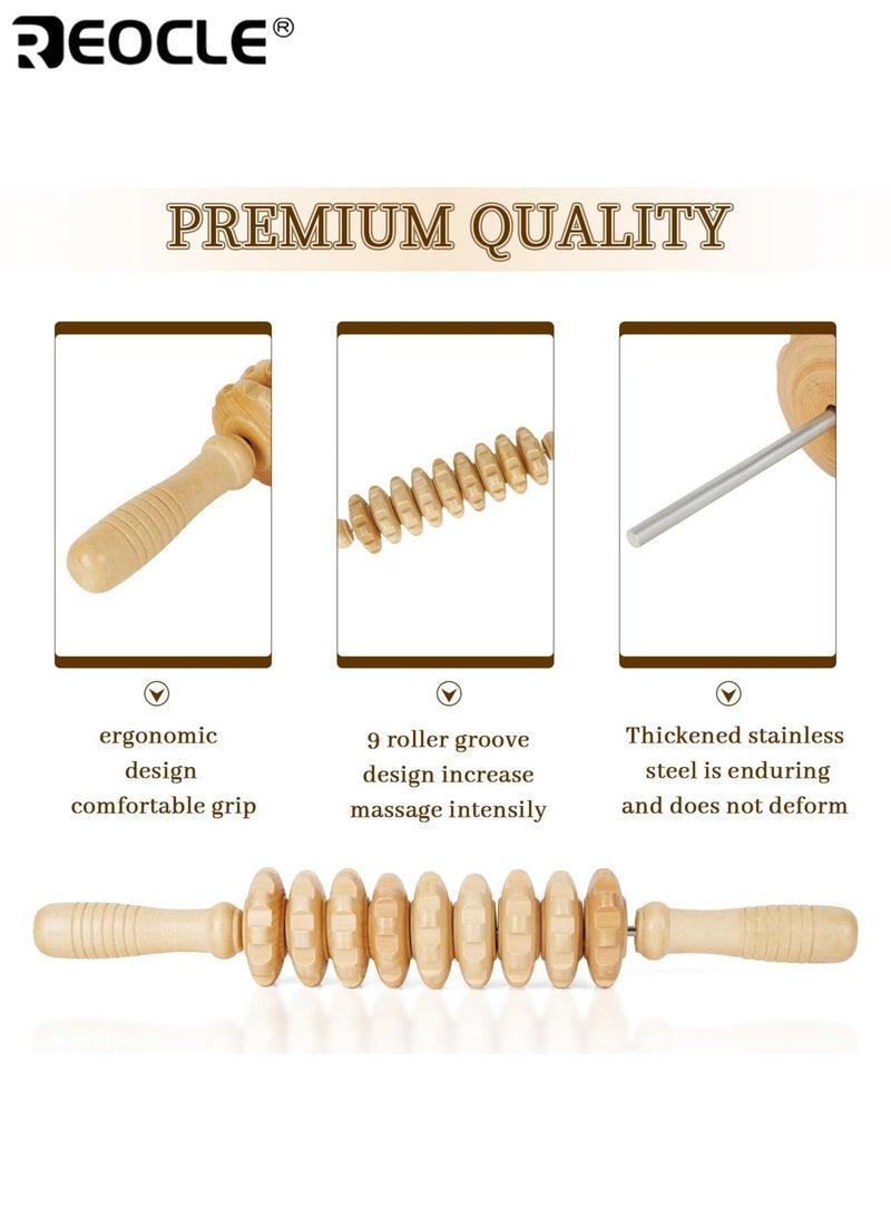 REOCLE Wooden Body Massage Roller Handheld Roller 12 Rollers to Relax Muscle Tension Anti Slip Handle and Groove Gear Massage Tool for Arms Legs Thighs Buttocks and Back - Image 3