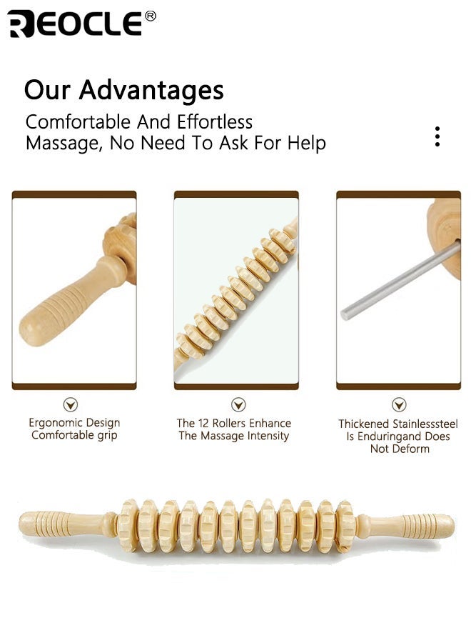 ريوكل أسطوانة تدليك جسم خشبية أسطوانة يدوية ١٢ أسطوانة لإرخاء توتر العضلات مقبض مقاوم للانزلاق وأداة تدليك مسننة للذراعين الساقين الفخذين المؤخرة والظهر - Image 5