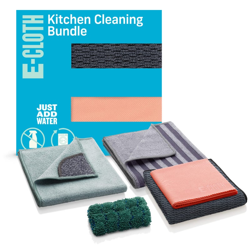 e-cloth ECloth 5pc Kitchen Bundle Microfiber Cleaning Cloths Set with Dish Scrubber Ideal Spotless Cleaner for Granite Marble Kitchen Sink Dish and Stainless Steel Pot and Pans 100 Wash Promise