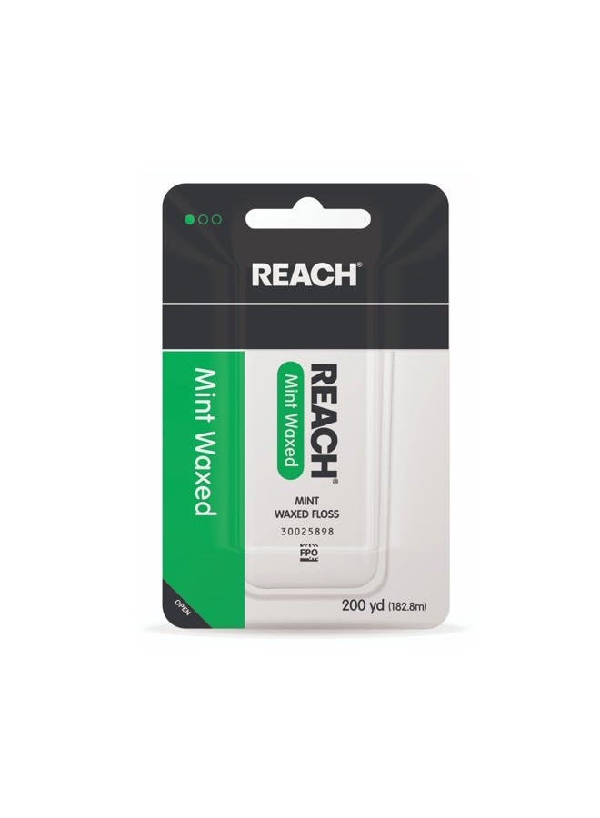 REACH خيط تنظيف الأسنان الشمعي من ريتش، بنكهة النعناع، مزيل البلاك للأسنان، مقاوم للتقطيع، ينزلق بسلاسة، سهل الاستخدام، شمعي، تنظيف عميق للأسنان، العناية بالفم، خالي من PFAS، للبالغين والأطفال، عبوة واحدة، 200 ياردة - Image 1