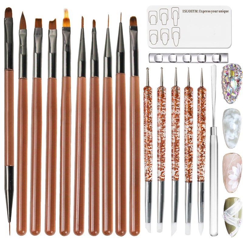 ESUOHYM 18 PCS Nail Art Brushes Set with Nail Sculpting Pen Dotting Tools For Painting Nails,Acrylic Nail Brushes for Nail Extensions,Liner Brushes for French Nails,Nail art tools for Diy Design - Image 1