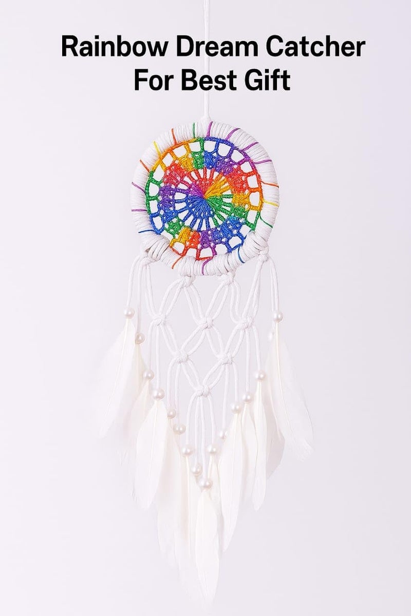 ThincAmaxe Handmade Evil Eye Dream Catcher Wall Hanging – Boho Macrame Décor with Feathers & Wooden Beads | Protection Talisman for Positive Energy, Bedroom, Living Room & Car Decoration (Rainbow) - Image 4