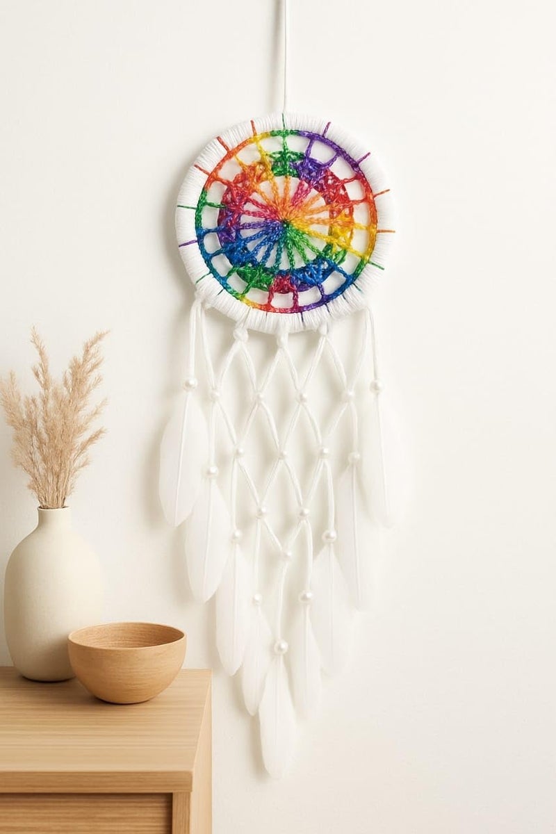 ThincAmaxe Handmade Evil Eye Dream Catcher Wall Hanging – Boho Macrame Décor with Feathers & Wooden Beads | Protection Talisman for Positive Energy, Bedroom, Living Room & Car Decoration (Rainbow) - Image 2