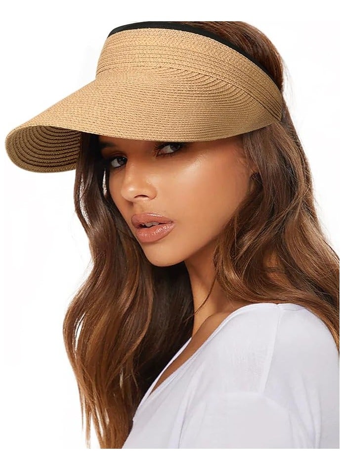 Womens Sun Visor Hat Straw Sun Visors for Women Summer Packable Ponytail Beach Hats for Women Travel UPF 80+ - Image 1
