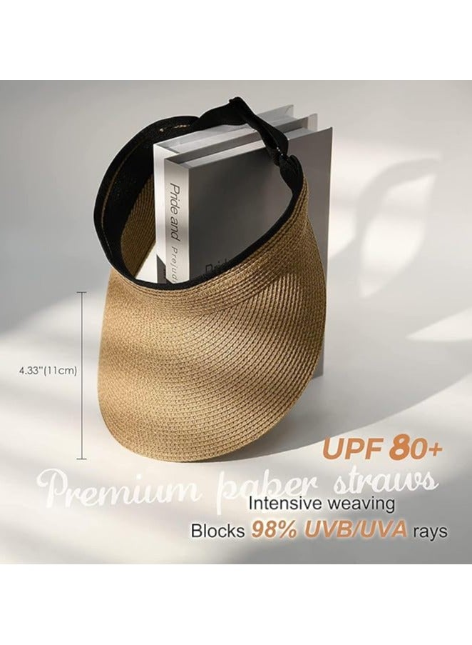 Womens Sun Visor Hat Straw Sun Visors for Women Summer Packable Ponytail Beach Hats for Women Travel UPF 80+ - Image 2